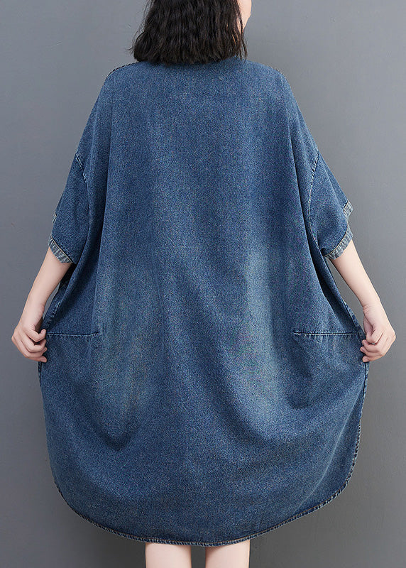 Loose Blue-little flower Button Side Open Maxi Denim Dress