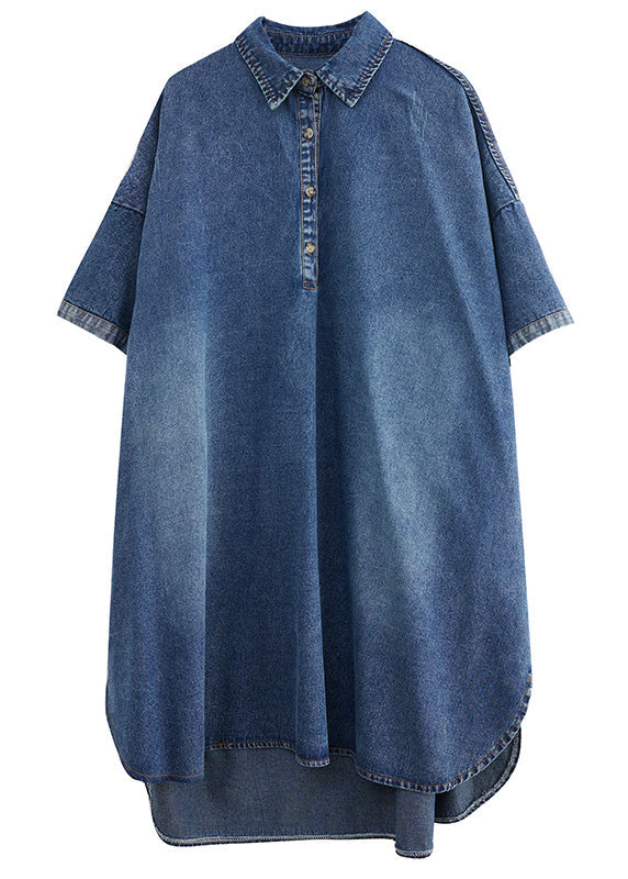 Loose Blue-sunflower Button Side Open Maxi Denim Dress