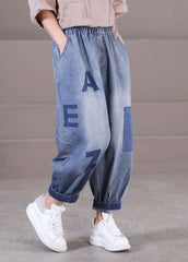 Loose Blue Elastic Waist Pockets Letter Print Cotton Denim Harem Pants