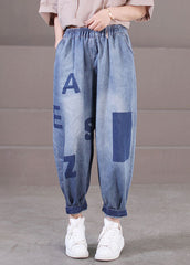 Loose Blue Elastic Waist Pockets Letter Print Cotton Denim Harem Pants