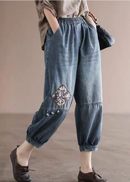 Loose Blue Elastic Waist Pockets Patchwork Applique Cotton Denim Crop Pants