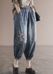 Loose Blue Elastic Waist Pockets Patchwork Applique Cotton Denim Crop Pants