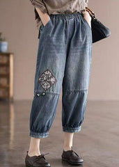 Loose Blue Elastic Waist Pockets Patchwork Applique Cotton Denim Crop Pants