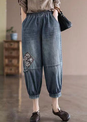 Loose Blue Elastic Waist Pockets Patchwork Applique Cotton Denim Crop Pants