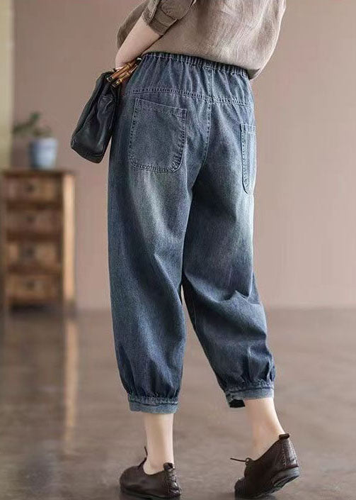 Loose Blue Elastic Waist Pockets Patchwork Applique Cotton Denim Crop Pants