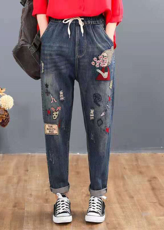 Loose Blue Embroideried Patchwork Elastic Waist Denim Pants