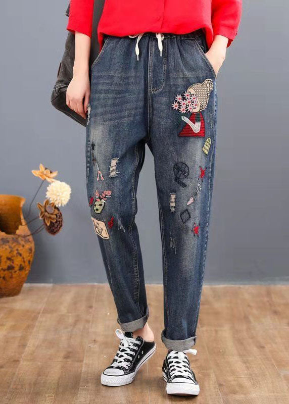 Loose Blue Embroideried Patchwork Elastic Waist Denim Pants