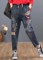 Loose Blue Embroideried Patchwork Elastic Waist Denim Pants