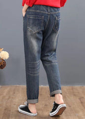 Loose Blue Embroideried Patchwork Elastic Waist Denim Pants