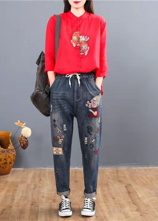 Loose Blue Embroideried Patchwork Elastic Waist Denim Pants