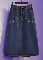 Lockerer blauer Patchwork-Jeansrock mit bestickten Taschen