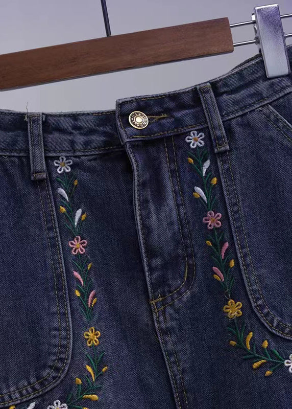 Loose Blue Embroideried Pockets Patchwork Denim Skirt