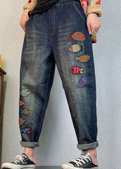 Loose Blue Embroideried denim harem pants