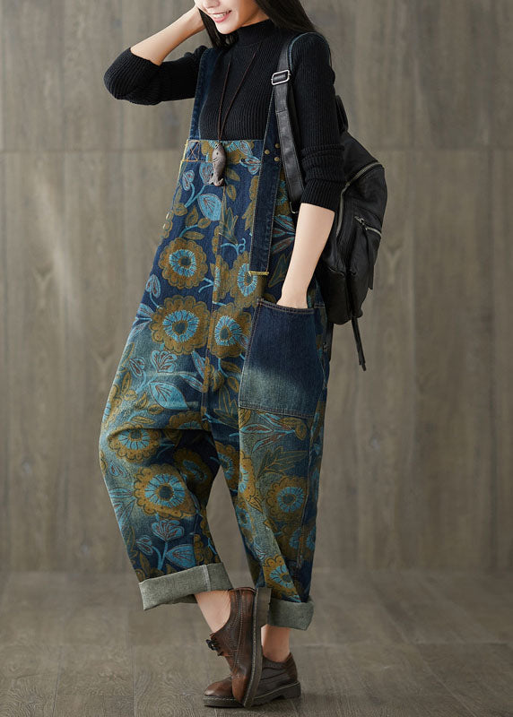 Loose Blue Patchwork Print Denim Wide Leg Jumpsuit