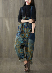 Loose Blue Patchwork Print Denim Wide Leg Jumpsuit