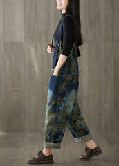 Loose Blue Patchwork Print Denim Wide Leg Jumpsuit