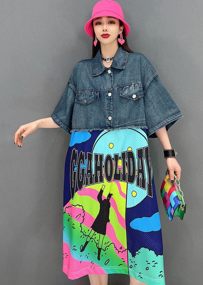 Vestido vaquero holgado de algodón con cuello Peter Pan azul, estampado de patchwork y manga corta