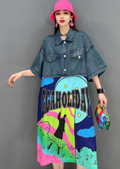 Vestido vaquero holgado de algodón con cuello Peter Pan azul, estampado de patchwork y manga corta