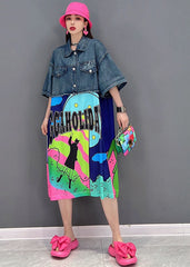 Vestido vaquero holgado de algodón con cuello Peter Pan azul, estampado de patchwork y manga corta