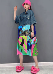 Vestido vaquero holgado de algodón con cuello Peter Pan azul, estampado de patchwork y manga corta