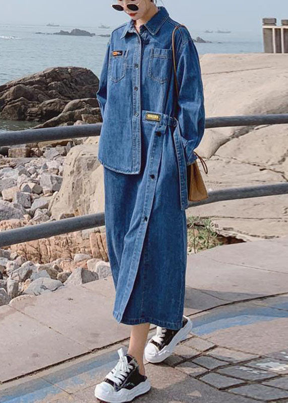 Loose Blue-blue dot Pockets Button asymmetrical design Fall Denim Long sleeve Long Dress