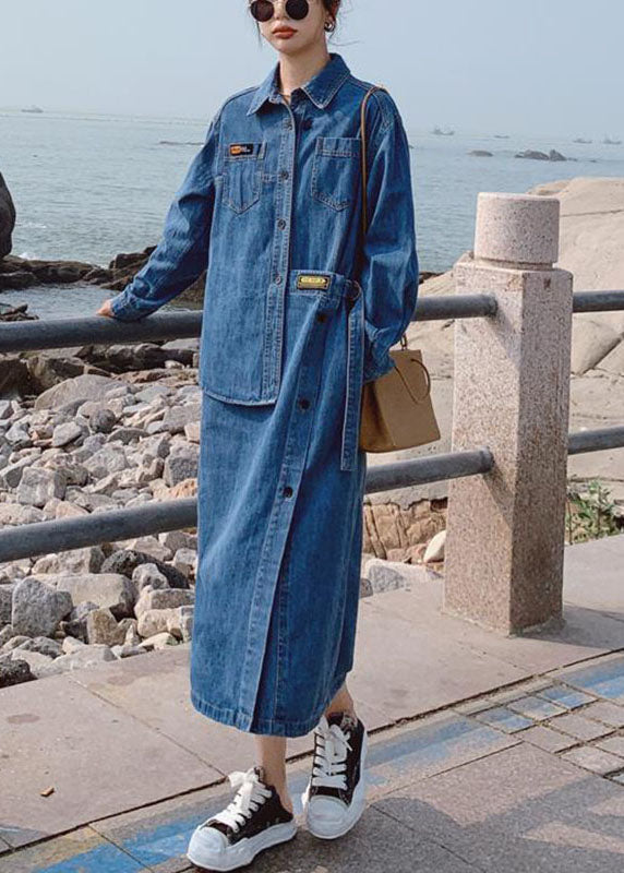 Vestido largo de mezclilla de manga larga con botones y bolsillos azules holgados de otoño