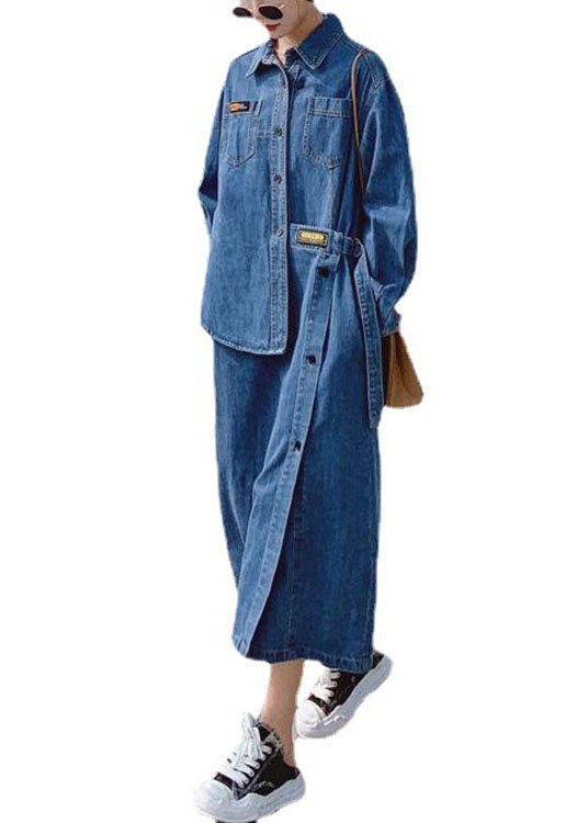 Lockere Blue-love Taschen Knopf asymmetrisches Design Herbst Denim Langarm Langes Kleid