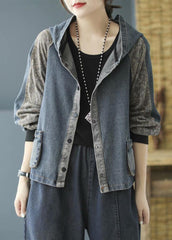 Loose Blue Pockets Print Hooded Denim Coat Long Sleeve