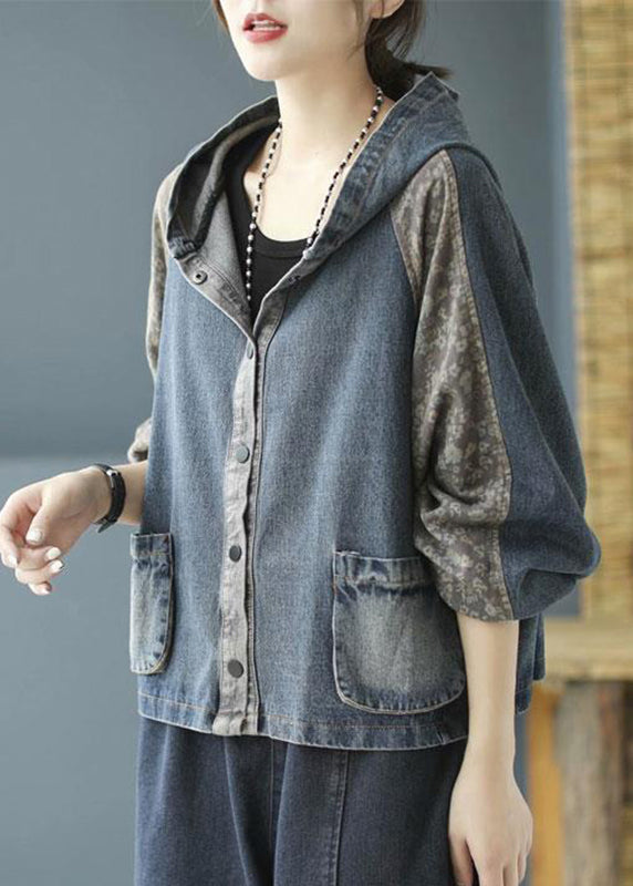 Loose Blue Pockets Print Hooded Denim Coat Long Sleeve