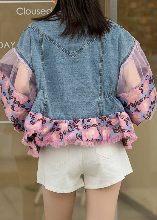 Loose Blue Tasseled Embroideried Ruffled Patchwork Denim Coat Lantern Sleeve