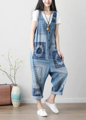 Loose Blue hole V Neck Print Cotton denim Jumpsuits