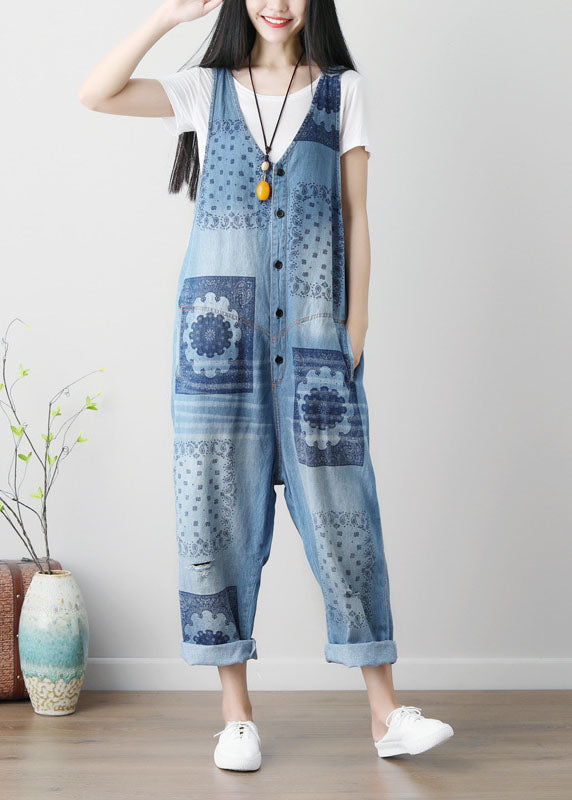 Loose Blue hole V Neck Print Cotton denim Jumpsuits