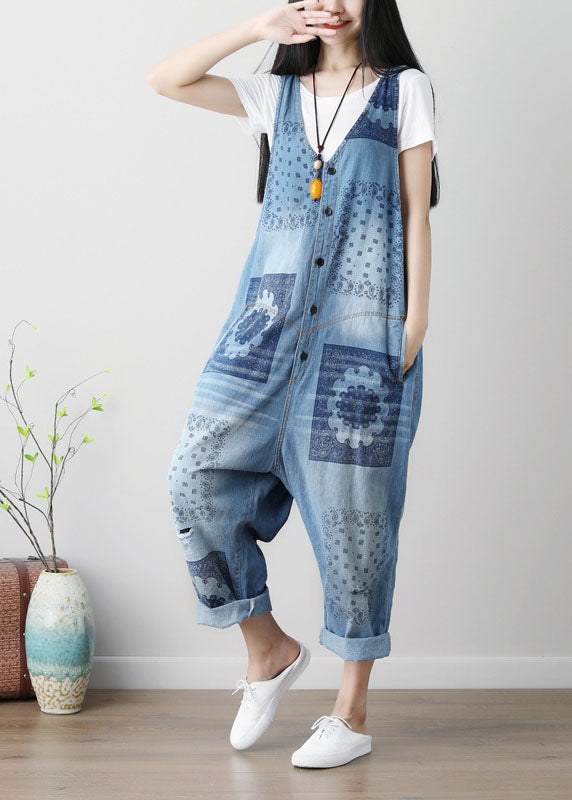 Loose Blue hole V Neck Print Cotton denim Jumpsuits