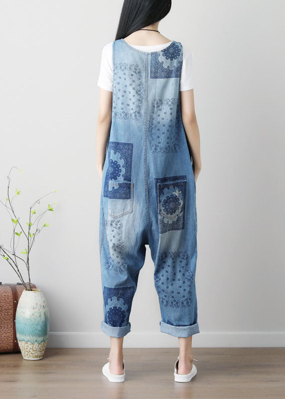 Loose Blue hole V Neck Print Cotton denim Jumpsuits