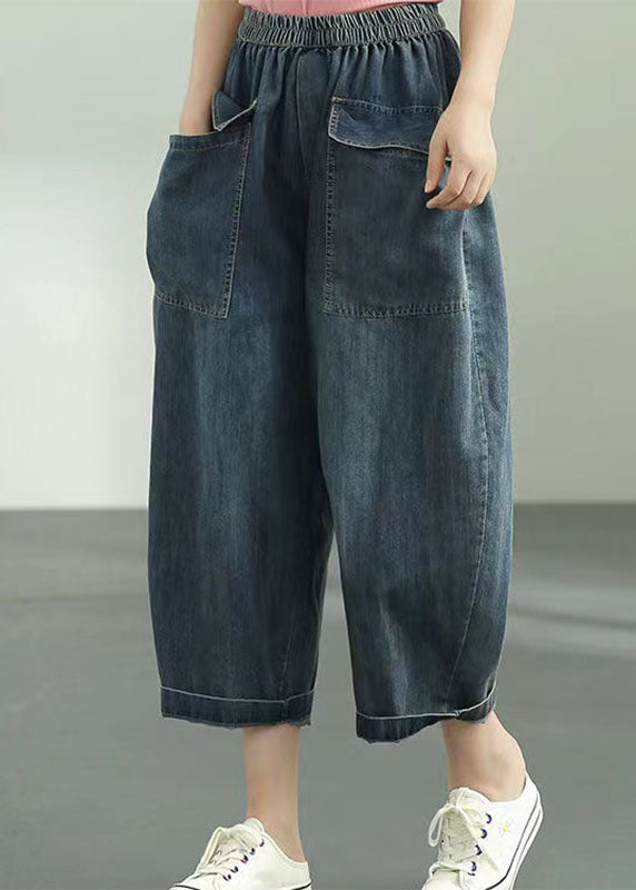 Loose Dark Blue Elastic Waist Oversized Big Pockets Cotton Denim Harem Pants