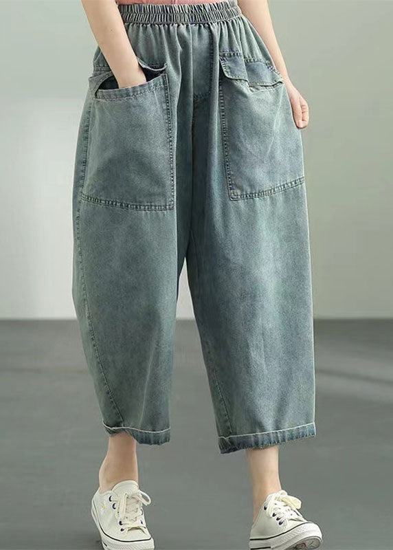 Loose Dark Blue Elastic Waist Oversized Big Pockets Cotton Denim Harem Pants