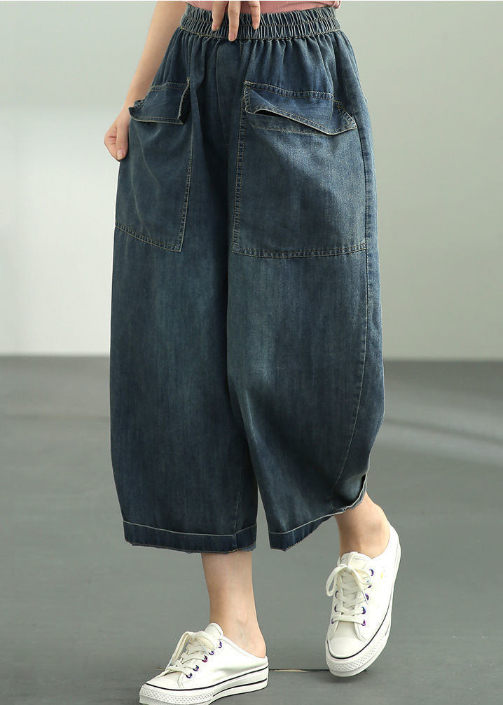 Loose Dark Blue Elastic Waist Oversized Big Pockets Cotton Denim Harem Pants