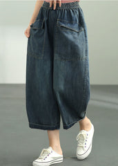 Loose Dark Blue Elastic Waist Oversized Big Pockets Cotton Denim Harem Pants