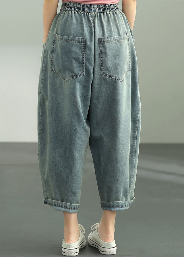 Loose Dark Blue Elastic Waist Oversized Big Pockets Cotton Denim Harem Pants