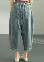 Loose Dark Blue Elastic Waist Oversized Big Pockets Cotton Denim Harem Pants