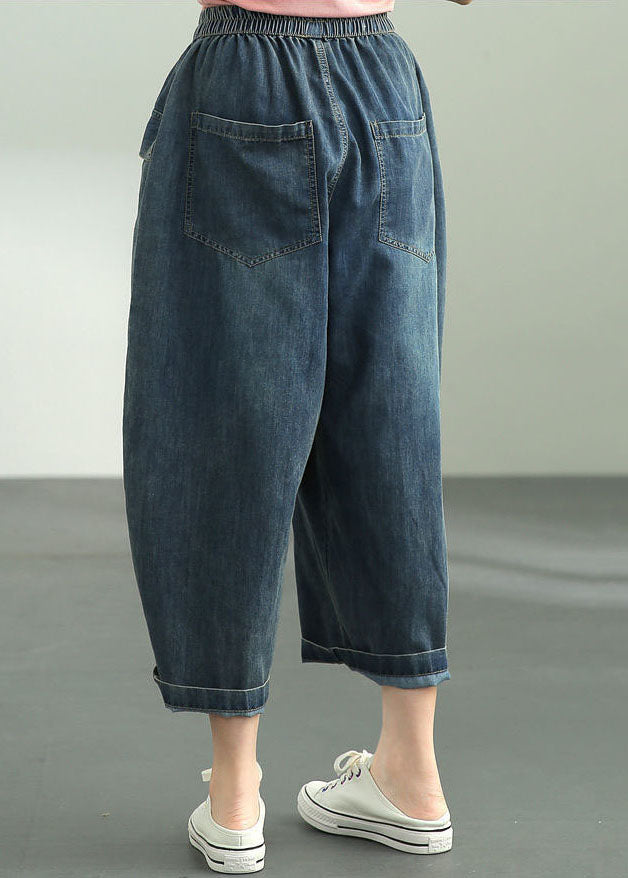 Loose Dark Blue Elastic Waist Oversized Big Pockets Cotton Denim Harem Pants