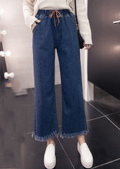 Loose Denim Blue Elastic Waist Drawstring Tassel Pockets Cotton Wide Leg Pants