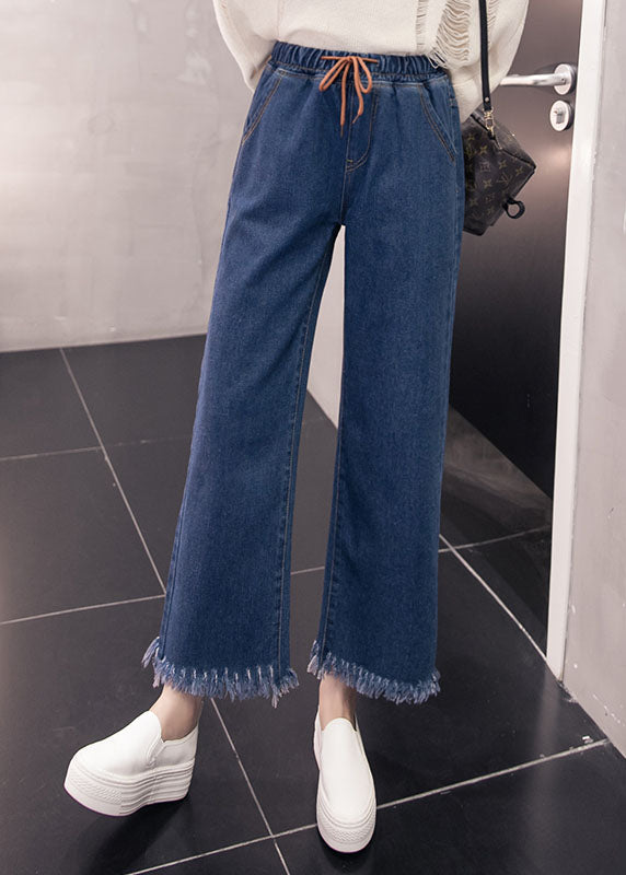 Loose Denim Blue Elastic Waist Drawstring Tassel Pockets Cotton Wide Leg Pants