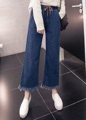 Loose Denim Blue Elastic Waist Drawstring Tassel Pockets Cotton Wide Leg Pants