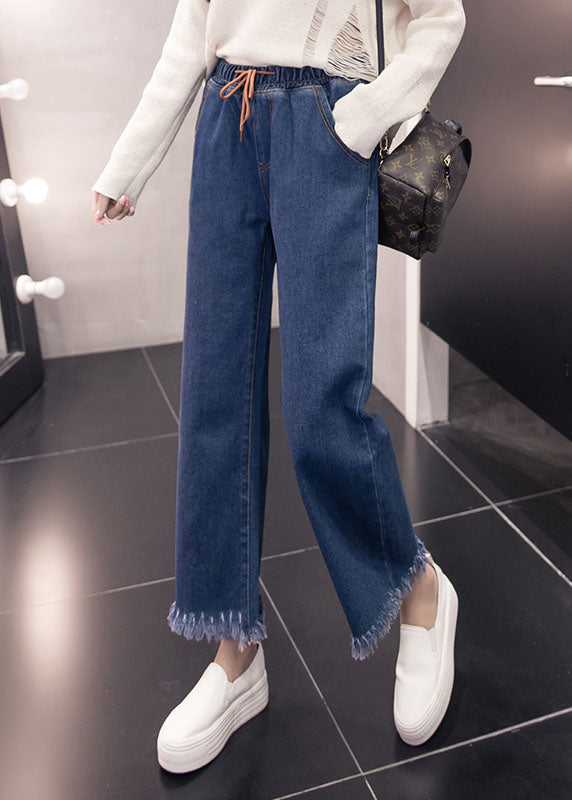 Loose Denim Blue Elastic Waist Drawstring Tassel Pockets Cotton Wide Leg Pants