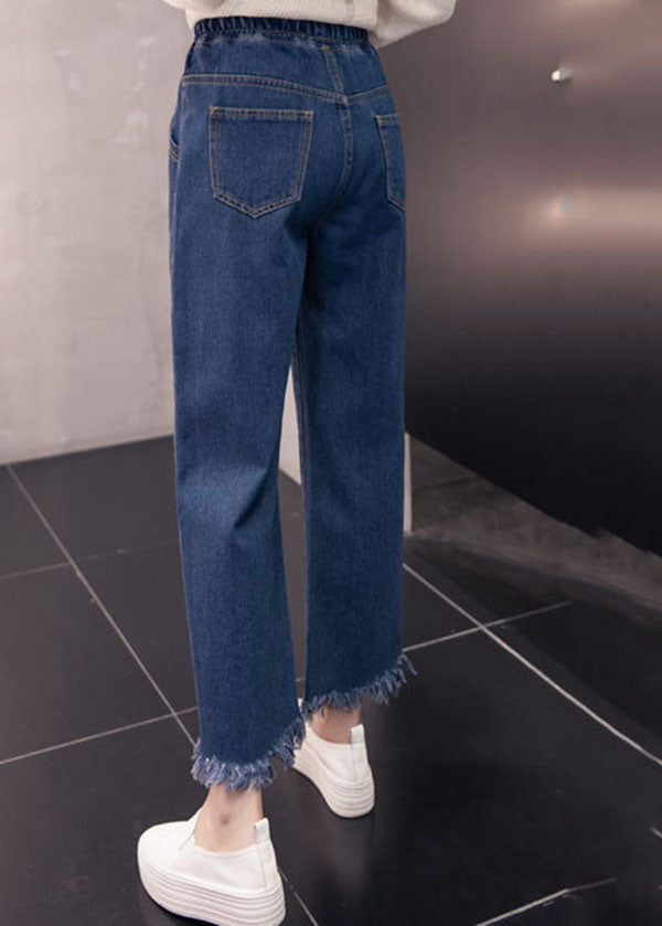 Loose Denim Blue Elastic Waist Drawstring Tassel Pockets Cotton Wide Leg Pants