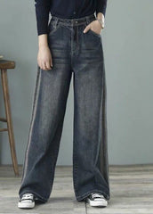 Loose Denim Blue High Waist Pockets Cotton Wide Leg Pants For