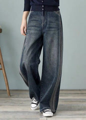 Loose Denim Blue High Waist Pockets Cotton Wide Leg Pants For