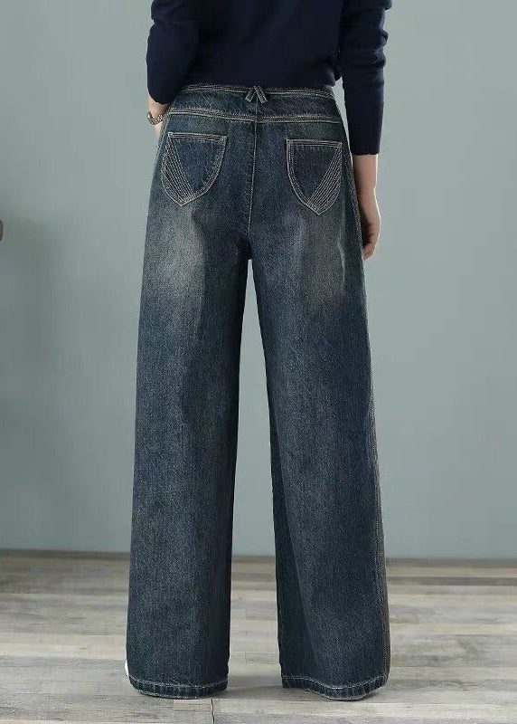 Loose Denim Blue High Waist Pockets Cotton Wide Leg Pants For