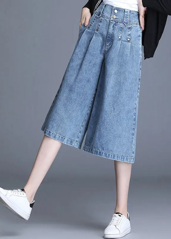 Loose Denim Blue High Waist Wrinkled Pockets Cotton Wide Leg Crop Pants